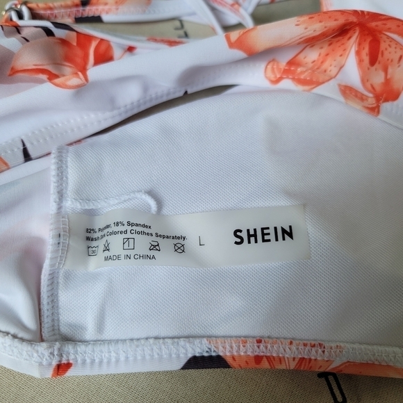 NwOT Shein Orange White Floral Print Swim Top High Neck Strap Sz Large L - Picture 10 of 11